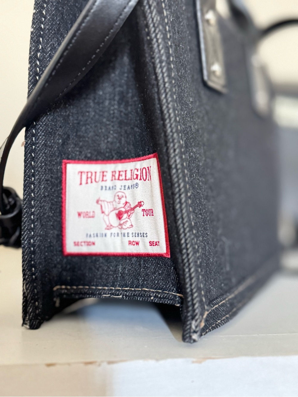 True Religion Black Denim Satchel with Leather Trim and Logo Stitching - Picture 10 of 11